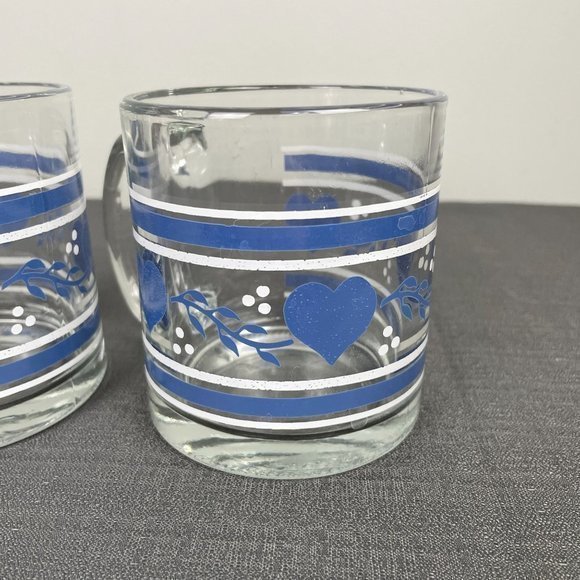 Vintage 90's Set of 2 Country Kitchen Blue Heart‎ Clear Glass Coffee Mugs - Picture 2 of 7